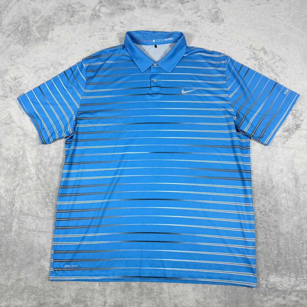 Nike Mens XL Polo Shirt Tiger Woods Collection Blue Striped Dri-FIT Isleworth